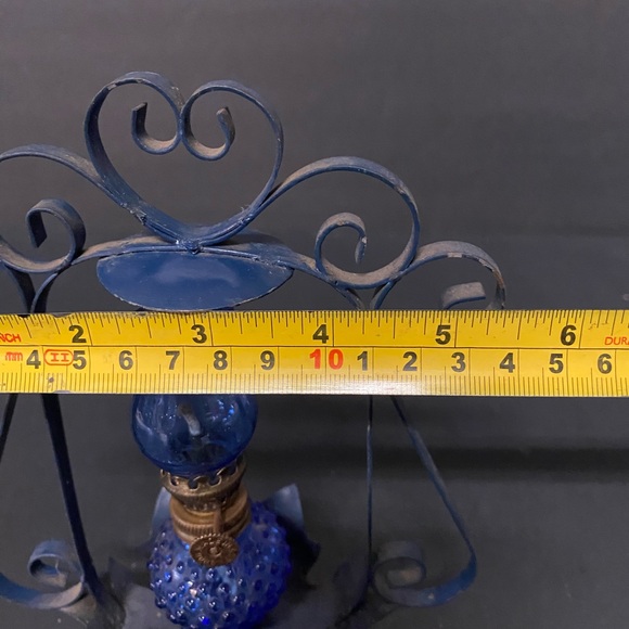 Blue Vintage-Cobalt Blue Glass Oil Lamp In Light Blue Metal Frame Accent - Picture 9 of 10
